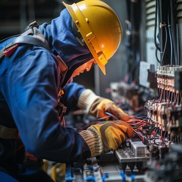 An electrician wearing a hard hat and safety gear works on an electrical panel