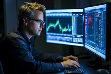 Male stock trader analyzing financial data on multiple computer monitors