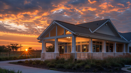 Sunset beautifully illuminating a new community clubhouse with a white porch and gable roof, in ultra high definition.