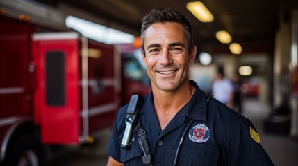 Portrait of a firefighter in uniform smiling - Powered by Adobe
