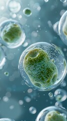 Green algae Chlorella vulgaris spherical colony in water with bubbles