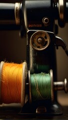  A close-up shot of a vintage sewing machine with spools of thread