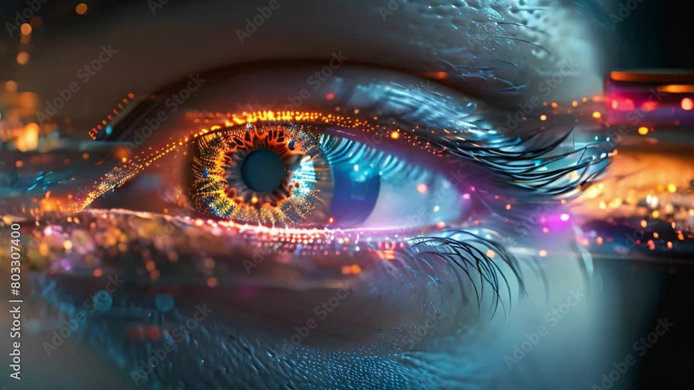 Poster macro shot of an eye with superimposed digital graphics reflecting technology integration.