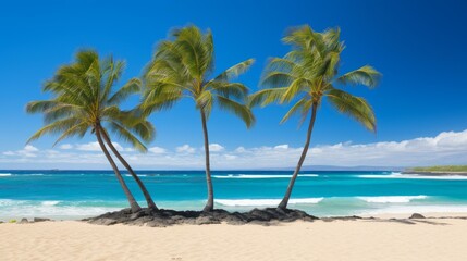 Three palm trees on a tropical beach with white sand and blue water