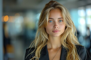 Portrait of a beautiful young blonde woman with blue eyes in a black suit