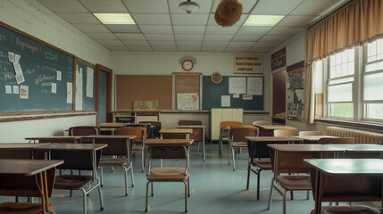 A nostalgic look at a vintage classroom with rows of desks, a chalkboard, and classic educational decor