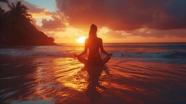 Morning Bliss: Woman in Yoga Pose on Calm Seashore, generative ai