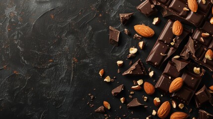 chocolate with almonds on dark grey background with copy space