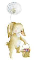 Watercolor Illustration of Cute Easter Bunnie with Eggs.