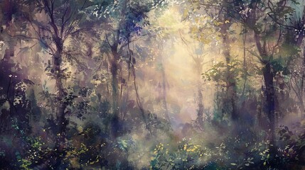 Enchanted forest scene with towering trees and a mystical glow in a serene artwork
