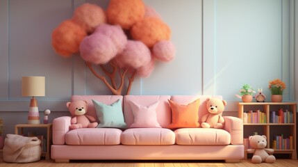 pink sofa in a room with a pink fluffy tree and a bookshelf