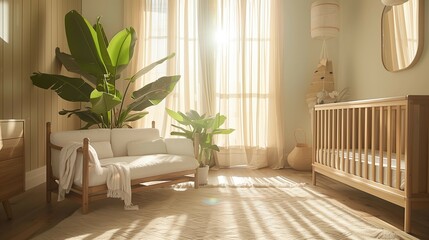Simplicity and Serenity in Scandinavian Nursery with Sheer Curtains, generative ai