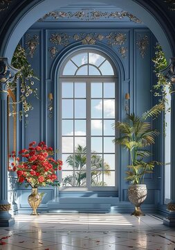 Blue room with a large window and red flowers