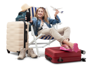 Tourist woman in travel attire, on deck chair with trolley suitcases, show mobile phone screen and model airplane. Summer beach holiday, flight and vacation travel booking. Travel influencer lifestyle