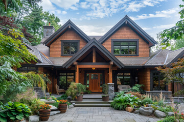 The facade of a warm cinnamon brown craftsman cottage style house, with a triple pitched roof, complemented by rustic garden elements and a natural, welcoming entrance, embodying a homely vibe. - obrazy, fototapety, plakaty