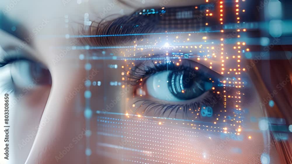 Poster close-up of a womans eye against a futuristic digital backdrop, highlighting the intersection of tec