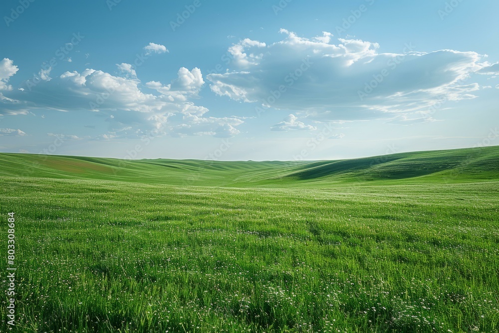 Wall mural Green rolling hills under a blue sky with white clouds