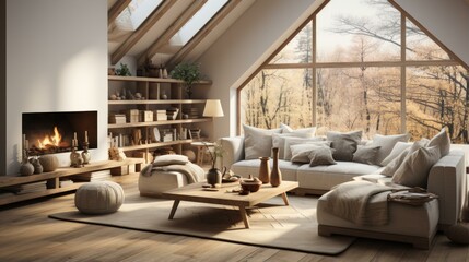 Cozy living room interior with fireplace and large windows