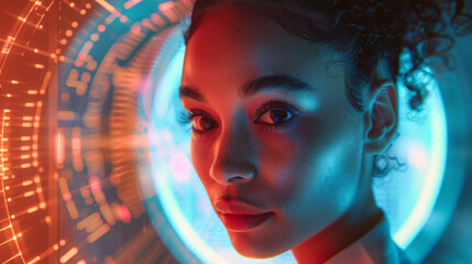 AI cyber security, female IT specialist analysing data information technology