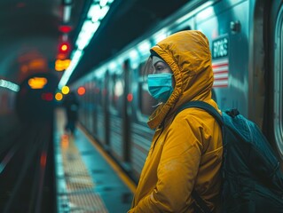 A woman wearing a mask waits on a subway platform