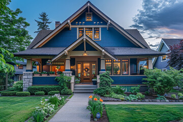 Fototapeta na wymiar The front facade of a striking cobalt blue cottage craftsman style house, with a triple pitched roof, manicured landscaping, a welcoming sidewalk, and exceptional curb appeal.