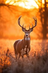 A majestic white-tailed deer stands in a field of tall grass at sunrise