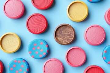 Naklejka premium Colorful wooden checkers pieces on blue background