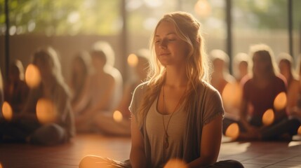 Young woman with eyes closed meditating in yoga class
