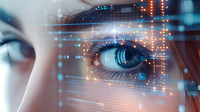 Close-up of a womans eye against a futuristic digital backdrop, highlighting the intersection of technology and human features.
