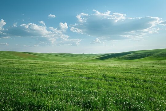 Green rolling hills under a blue sky with white clouds