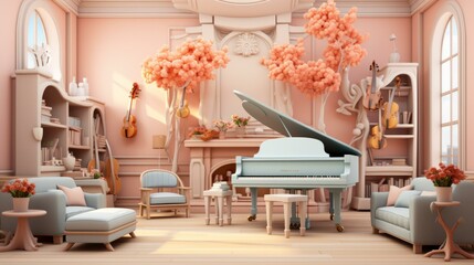 A beautiful pink living room with a piano and trees