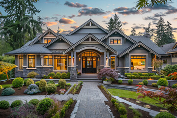 The front view of a cool slate gray craftsman cottage style house, with a triple pitched roof, curated landscaping, a welcoming walkway, and premium curb appeal, epitomizing contemporary elegance.