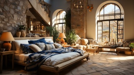 Rustic bedroom with a large bed, stone walls, and arched windows - Powered by Adobe