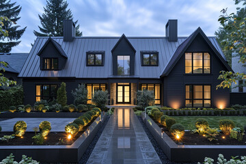 The front view of a modern matte black craftsman cottage style house, with a triple pitched roof, featuring minimalist landscaping and a direct, polished walkway, showcasing sleek design. - obrazy, fototapety, plakaty