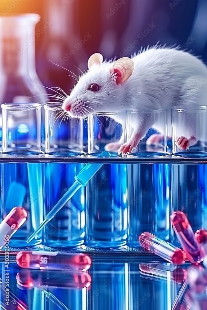 Poster white laboratory mouse on table with blurred background, space for text placement in bio lab setting