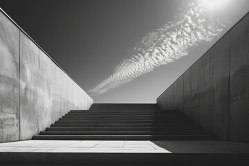 Black and white photo of a concrete staircase leading up to a bright sky