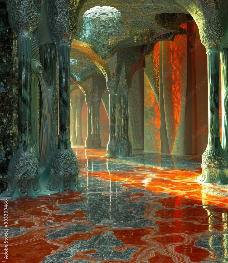 Poster Futuristic temple with glowing columns and lava floor