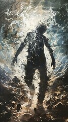 Black Ink Illustration of a Man Underwater