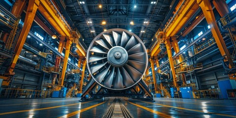 The large industrial fan is placed on the assembly line in the factory
