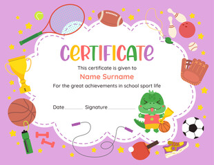 Adorable sports certificate template featuring kawaii cartoon character and vibrant sport icons. Perfect for celebrating young achievers athletic success in elementary school. Vector flat graphics.