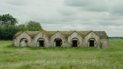Obraz premium Abandoned military ruins in the forest. Hidden bunker in the meadow