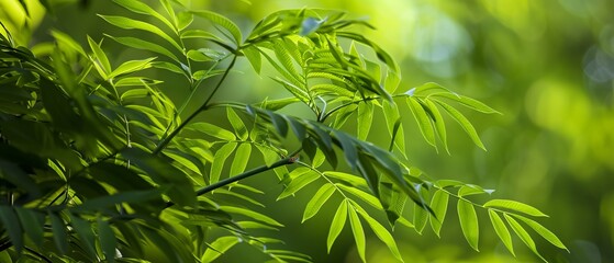Naklejka premium Serenity in the Trees: A Stunning View of Ailanthus Altissima Leaves in a Peaceful Forest Setting 