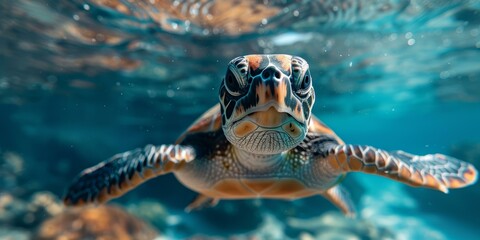 A close-up of a sea turtle swimming in the ocean