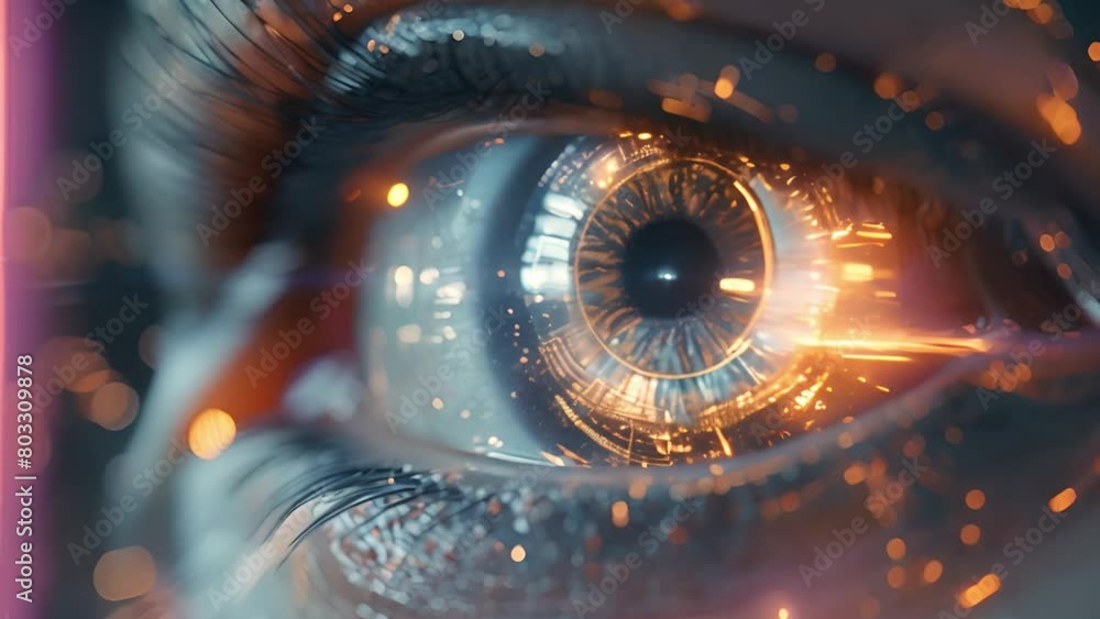 Poster A macro view of an eye with overlaid digital graphics symbolizing advanced tech.