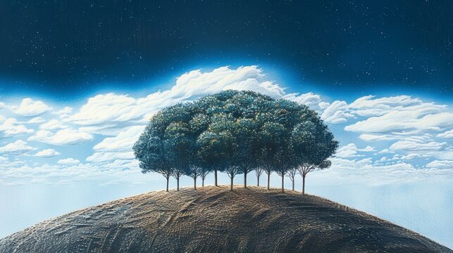Eight trees stand tall on a grassy hill under a starry night sky