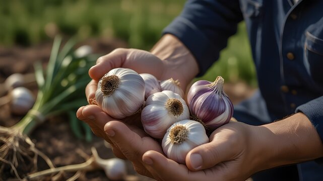 A man farmer holds a harvest of garlic in his hands Selective focus AI generated