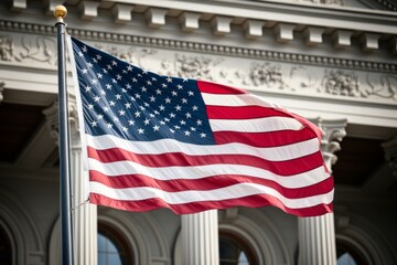 American flag waving in front of a government building