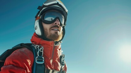 The picture of the professional skydiver wearing goggle doing skydiving in the sky under the bright light of the sun in the morning or noon and also wearing the parachute for safety landing. AIG43.