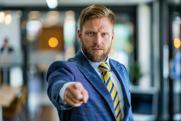 Motivated male businessman pointing with finger, concept of encouragement and leadership
