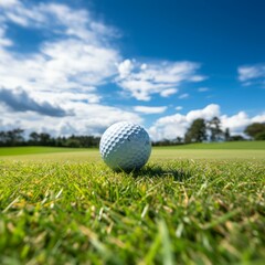 Fototapeta premium Close-up of a golf ball on the green with the fairway and blue sky in the background